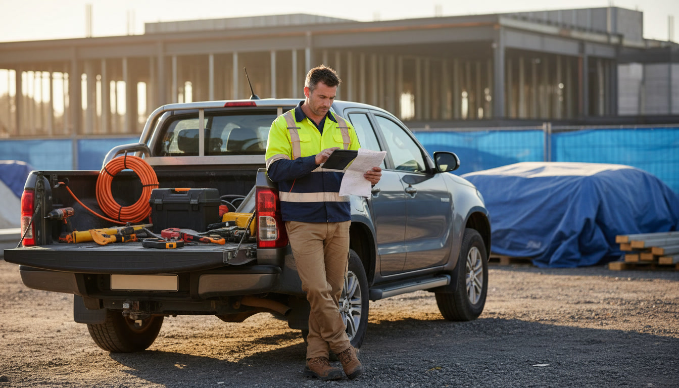 Tradie checking paperwork and a tablet on site, illustrating automation vs AI for small business in field service work