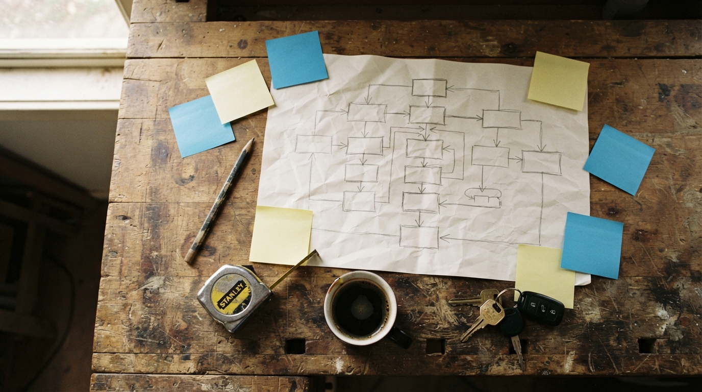 A hand-drawn flowchart on a sheet of paper on a worn workbench, surrounded by sticky notes, a pencil, a tape measure and a coffee
