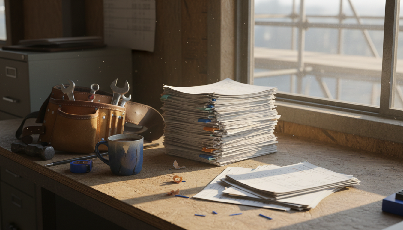Stacked paperwork and job sheets on a trade business desk, showing the manual admin that raises the question of how long does business automation take